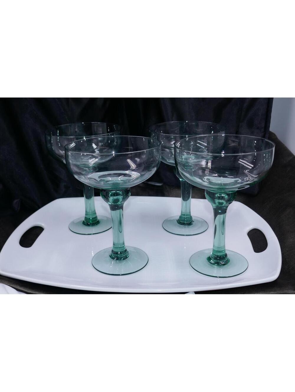 Vintage Large Hand Blown Green Glass Margarita Cocktail Glasses - Set of 4